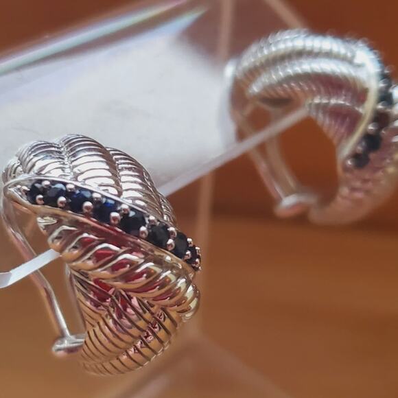 Judith Ripka Blue Sapphire Sterling Silver Hoop Omega Post Earrings 925 - Picture 2 of 8